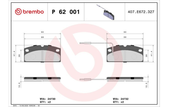 Brake Pad Set, disc brake P 62 001 Brembo
