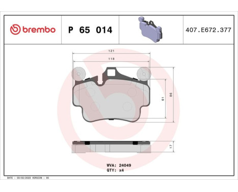 Brake Pad Set, disc brake P 65 014 Brembo, Image 3