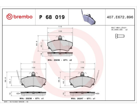 Brake Pad Set, disc brake P 68 019 Brembo, Image 3