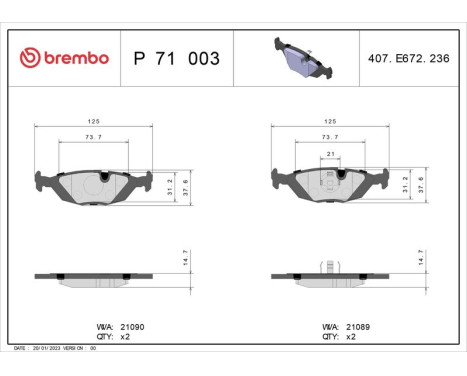 Brake Pad Set, disc brake P 71 003 Brembo, Image 3