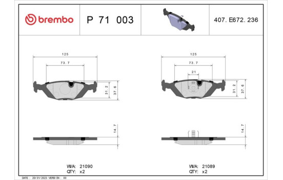 Brake Pad Set, disc brake P 71 003 Brembo, Image 2