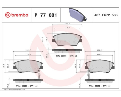 Brake Pad Set, disc brake P 77 001 Brembo, Image 2