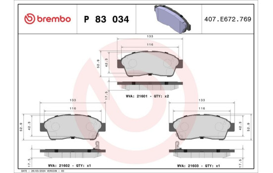 Brake Pad Set, disc brake P 83 034 Brembo, Image 2