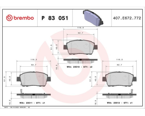 Brake Pad Set, disc brake P 83 051 Brembo, Image 3