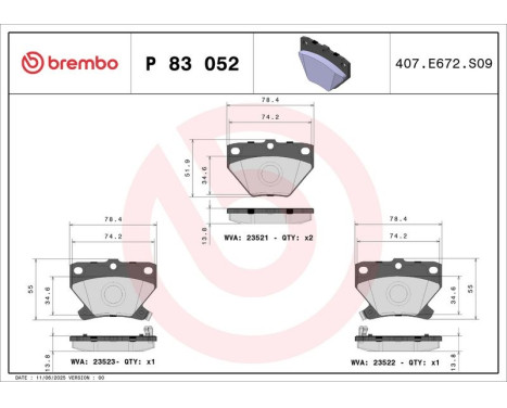 Brake Pad Set, disc brake P 83 052 Brembo, Image 3