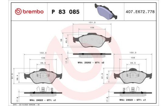 Brake Pad Set, disc brake P 83 085 Brembo, Image 2