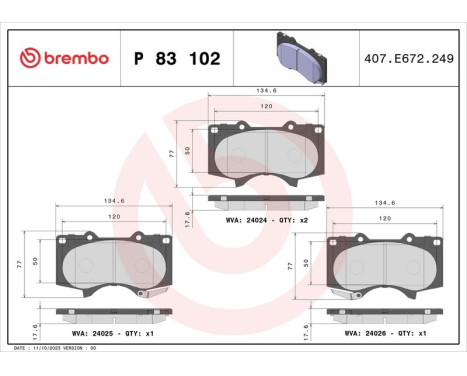 Brake Pad Set, disc brake P 83 102 Brembo, Image 3