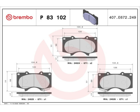 Brake pad set, disc brake P 83 102X Brembo