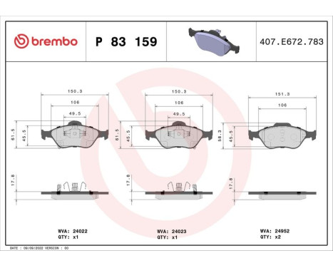 Brake Pad Set, disc brake P 83 159 Brembo, Image 3