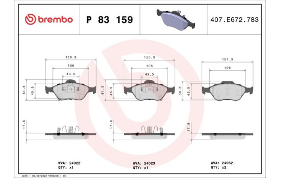 Brake Pad Set, disc brake P 83 159 Brembo, Image 2
