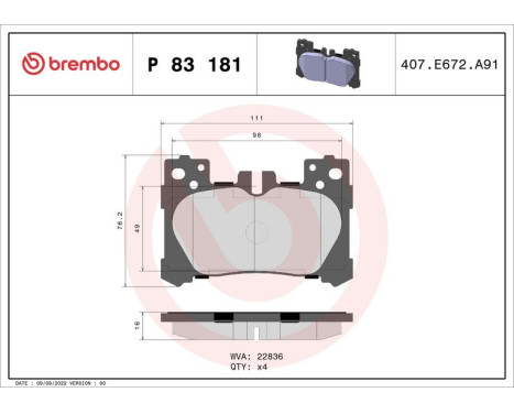Brake pad set, disc brake P 83 181 Brembo, Image 2