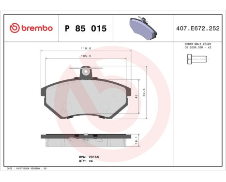Brake Pad Set, disc brake P 85 015 Brembo, Image 3
