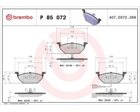 Brake Pad Set, disc brake P 85 072 Brembo, Image 3
