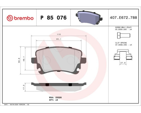 Brake Pad Set, disc brake P 85 076 Brembo, Image 3