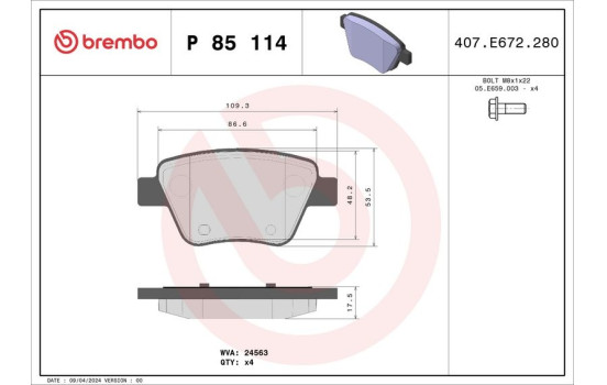 Brake Pad Set, disc brake P 85 114 Brembo, Image 2