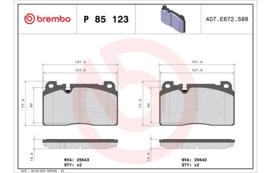 Brake Pad Set, disc brake P 85 123 Brembo, Image 2