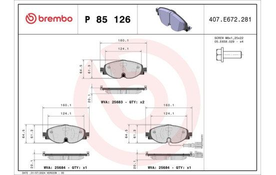 Brake Pad Set, disc brake P 85 126 Brembo, Image 2