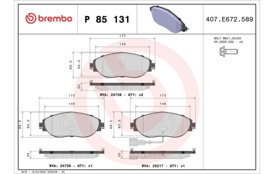 Brake Pad Set, disc brake P 85 131 Brembo, Image 2