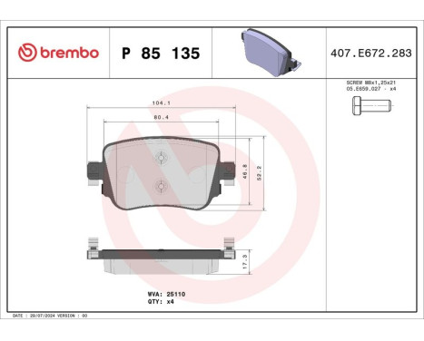Brake Pad Set, disc brake P 85 135 Brembo, Image 3