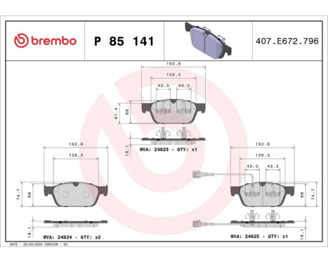 Brake Pad Set, disc brake P 85 141 Brembo, Image 3