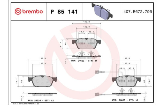 Brake Pad Set, disc brake P 85 141 Brembo, Image 2