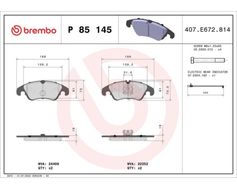 Brake Pad Set, disc brake P 85 145 Brembo, Image 2