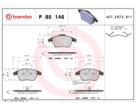 Brake Pad Set, disc brake P 85 146 Brembo, Image 2