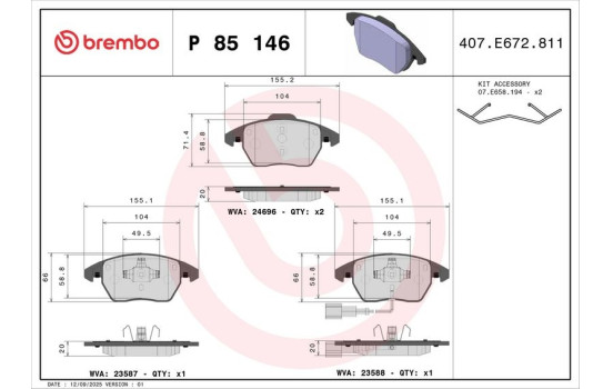 Brake Pad Set, disc brake P 85 146 Brembo, Image 2