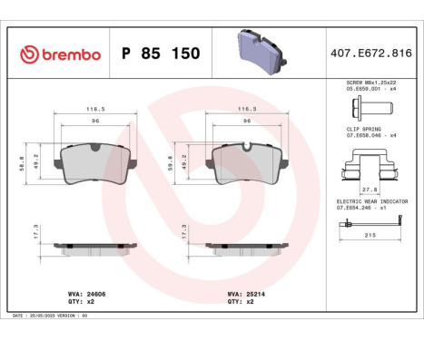Brake pad set, disc brake P 85 150X Brembo, Image 2