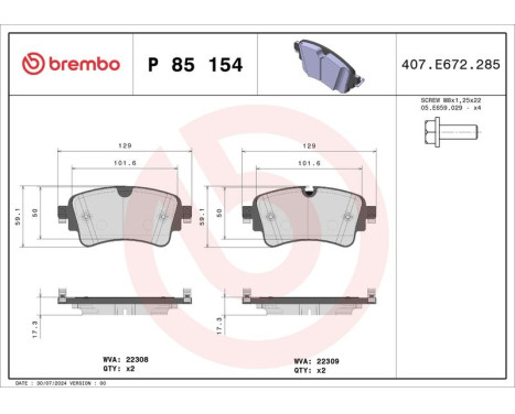 Brake Pad Set, disc brake P 85 154 Brembo, Image 3