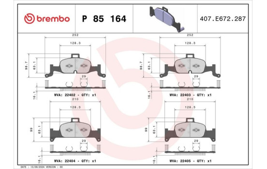 Brake Pad Set, disc brake P 85 164 Brembo, Image 2
