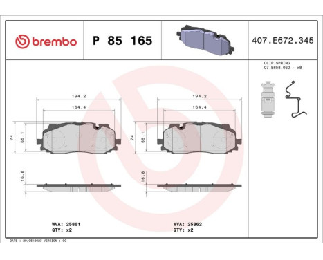 Brake Pad Set, disc brake P 85 165 Brembo, Image 2