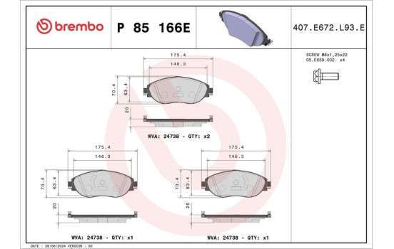 Brake pad set, disc brake P 85 166E Brembo