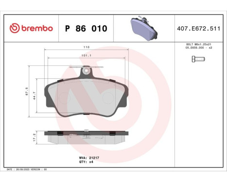 Brake Pad Set, disc brake P 86 010 Brembo, Image 3