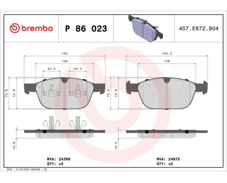 Brake Pad Set, disc brake P 86 023 Brembo, Image 3