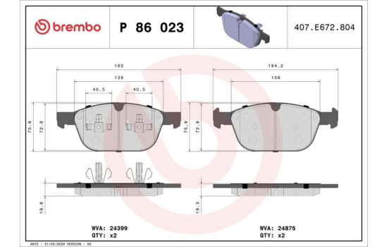 Brake Pad Set, disc brake P 86 023 Brembo, Image 2