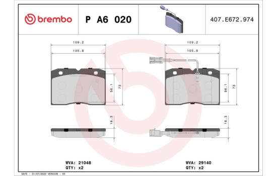 Brake Pad Set, disc brake P A6 020 Brembo, Image 2