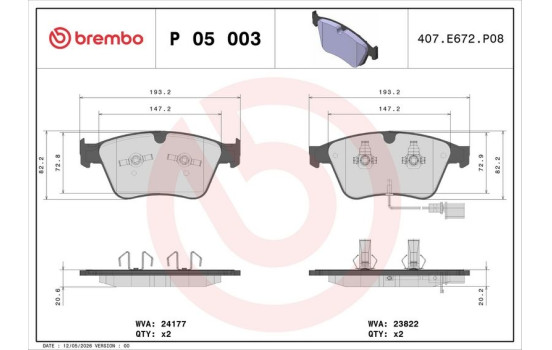 Brake Pad Set, disc brake P05003 Brembo, Image 3