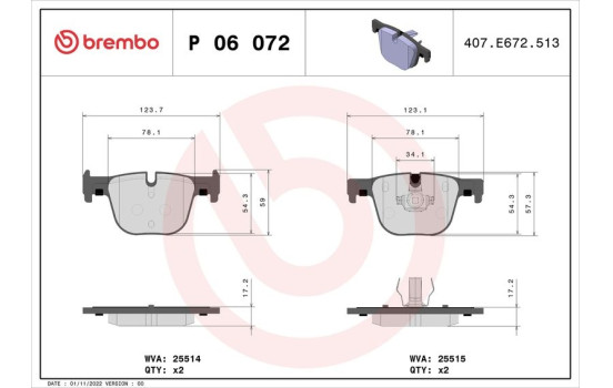 Brake Pad Set, disc brake P06072 Brembo, Image 2