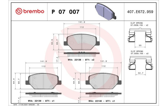 Brake Pad Set, disc brake P07007 Brembo