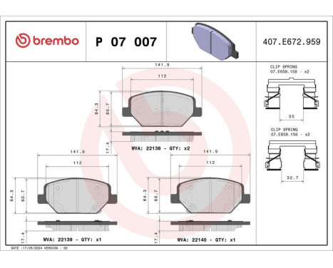 Brake Pad Set, disc brake P07007 Brembo, Image 2