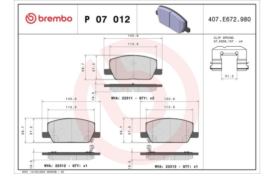 Brake Pad Set, disc brake P07012 Brembo