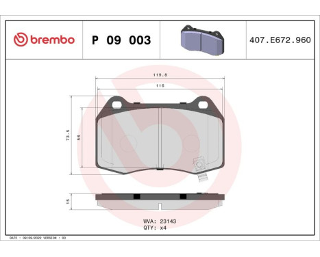 Brake Pad Set, disc brake P09003 Brembo, Image 3