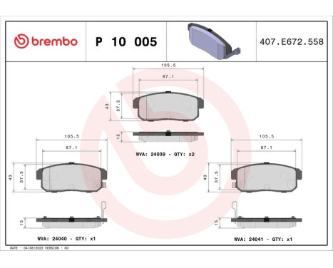 Brake Pad Set, disc brake P10005 Brembo, Image 3