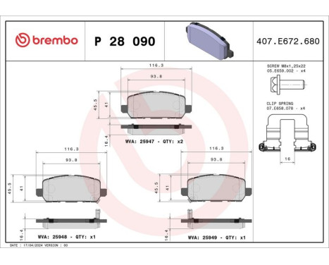 Brake Pad Set, disc brake P28090 Brembo, Image 3