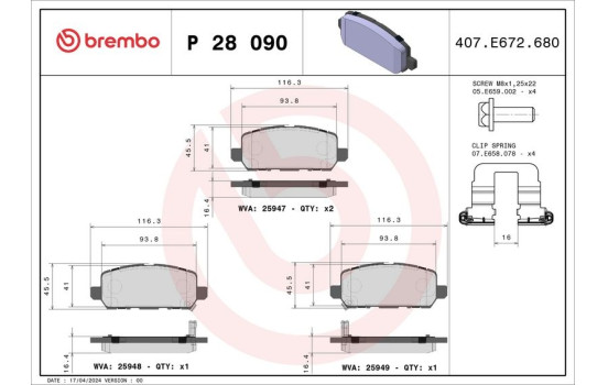 Brake Pad Set, disc brake P28090 Brembo, Image 2