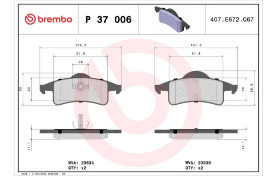 Brake Pad Set, disc brake P37006 Brembo, Image 3