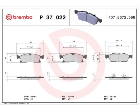 Brake Pad Set, disc brake P37022 Brembo, Image 3