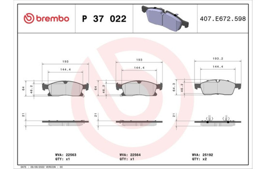 Brake Pad Set, disc brake P37022 Brembo, Image 2