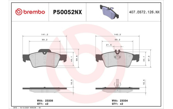 Brake pad set, disc brake P50052NX Brembo